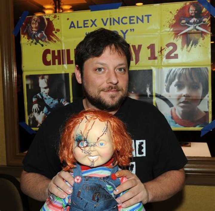 Alex Vincent with the Chucky doll as seen in February 2018
