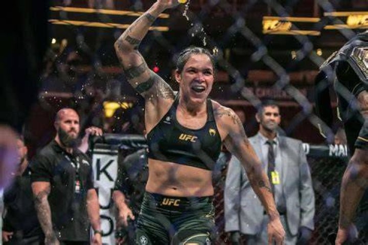 Amanda Nunes after victory over Ronda Rousey in their UFC women's bantamweight championship bout during the UFC 207 event in December 2016