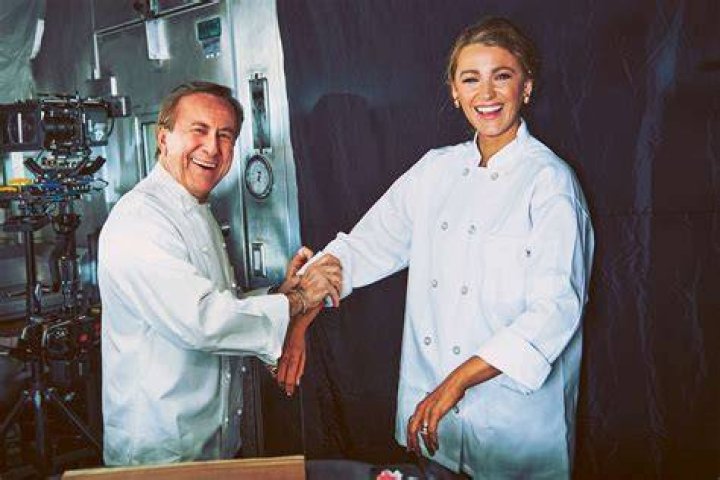 Blake Lively with a chef in kitchen