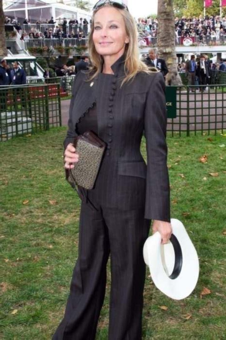 Bo Derek seen wearing a Lloyd Klein ensemble at the Grand Prix de Paris