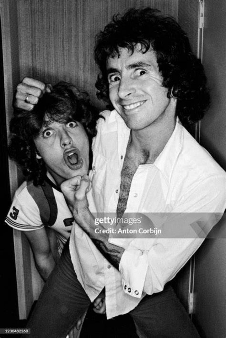 Bon Scott (Right) and Angus Young as seen while performing at the Ulster Hall, Belfast in August 1979
