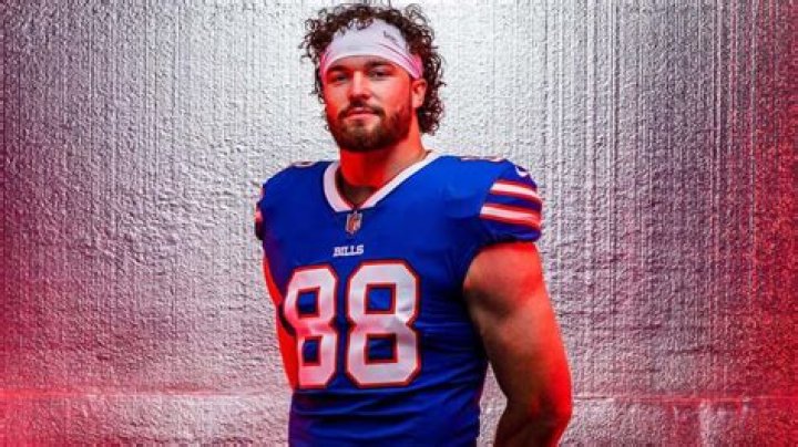 Dawson Knox with the Buffalo Bills as seen while wearing the 'Salute to Service' headband during pregame ceremonies at MetLife Stadium in East Rutherford, New Jersey on November 6, 2022