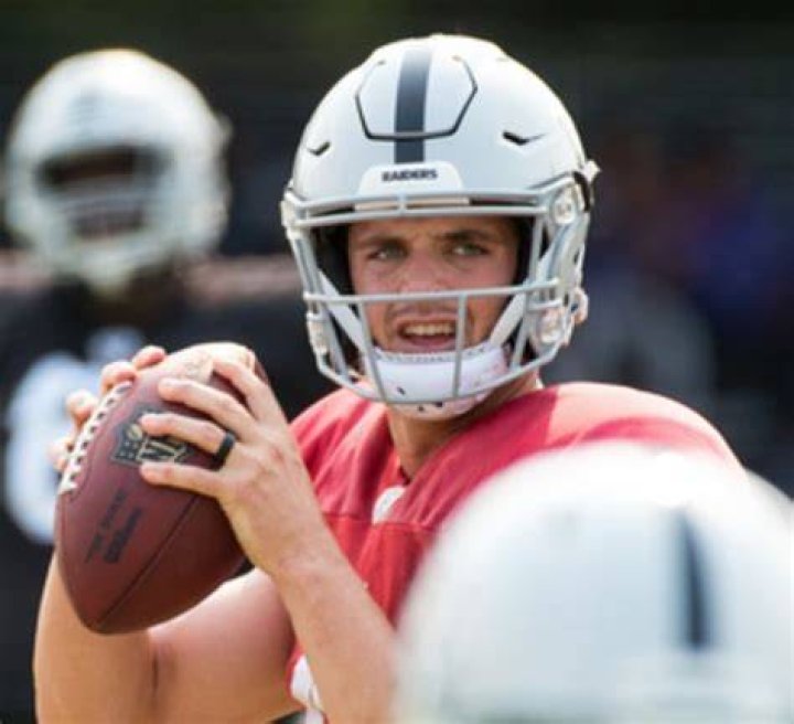 Derek Carr as seen while throwing a pass during The Raiders' practice session at their training facility in the Napa Valley, California in August 2018