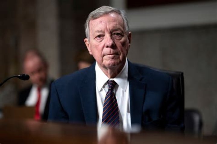 Dick Durbin (Center) as seen while speaking at a press conference in El Paso, Texas with Vice President Kamala Harris and U.S. Homeland Security Secretary Alejandro Mayorkas in the background in 2021