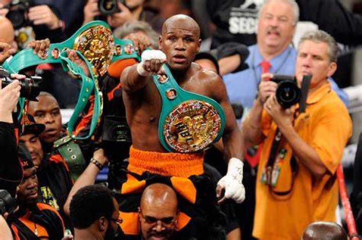 Floyd Mayweather, Jr. during their welterweight unification championship bout on May 2, 2015 with Manny Pacquiao at MGM Grand Garden Arena in Las Vegas, Nevada