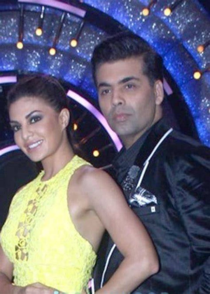 Karan Johar posing with Jacqueline Fernandez on the sets of Jhalak Dikhhla Jaa Season 9 in 2016