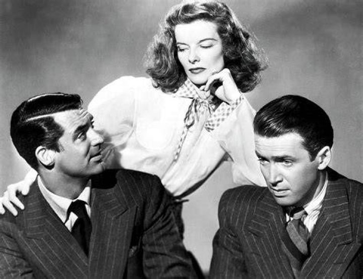 Katharine Hepburn and James Stewart as seen in a publicity photograph for the 1940 film 'The Philadelphia Story'