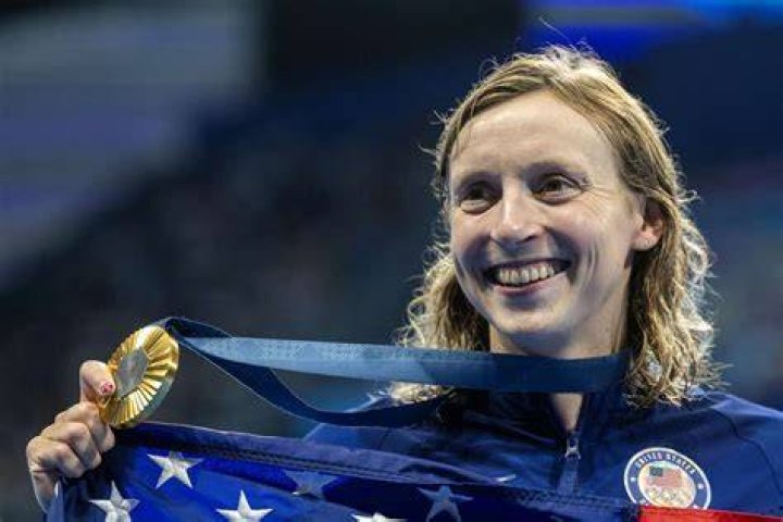 Katie Ledecky receiving the gold medal at the Rio Olympic Games in August 2016