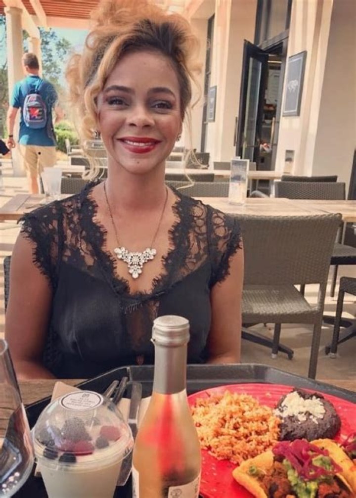 Lark Voorhies as seen while smiling for the camera in Atlanta, Georgia, United States in August 2019