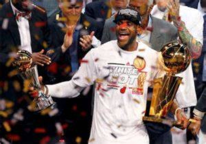 Lebron celebrating his second championship title win with the Miami Heat.