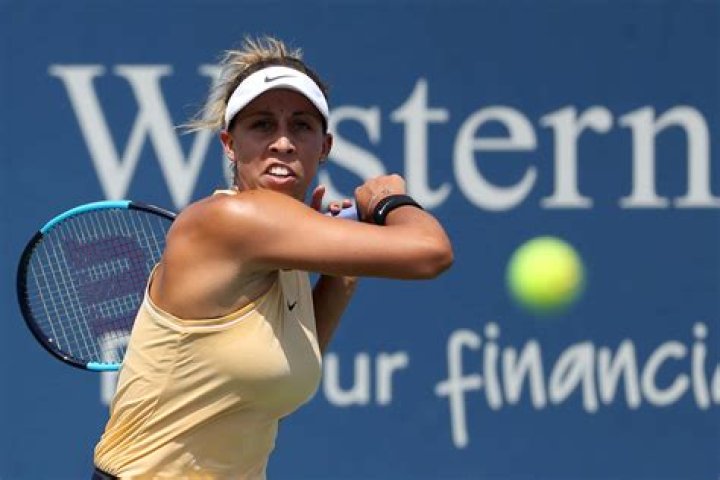 Madison Keys in action in a match against Daria Gavrilova in the Fed Cup on April 16, 2016 in Brisbane, Australia