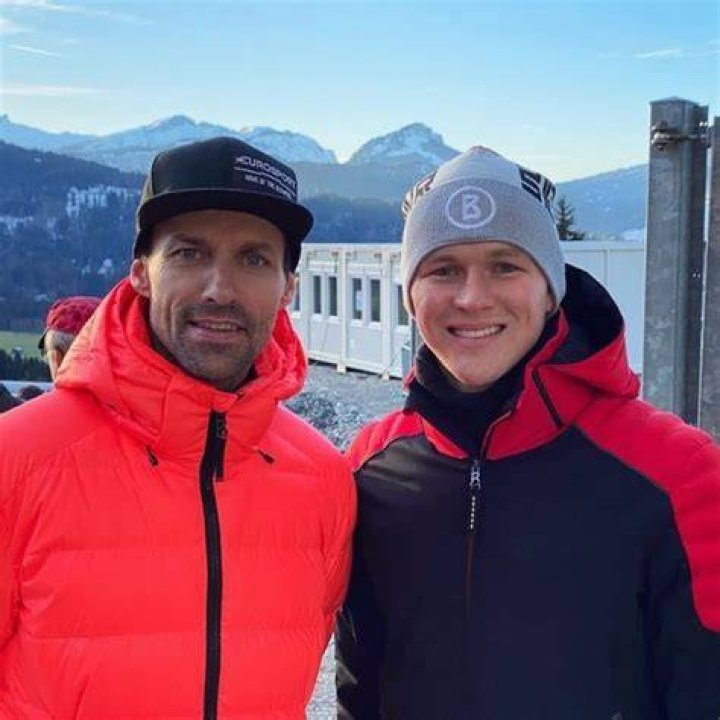 Maximilian G&uuml;nther (Right) as seen while posing for a picture along with Sven Hannawald in Oberstdorf, Germany in December 2019