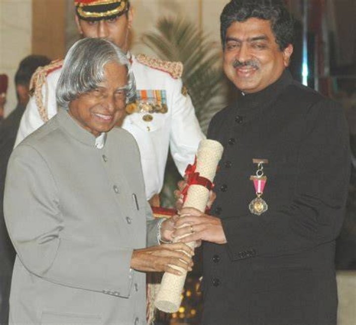Nandan Nilekani (Right) pictured while receiving the Padma Bhushan Award &ndash; 2006 from President Dr. A.P.J. Abdul in New Delhi on March 20, 2006