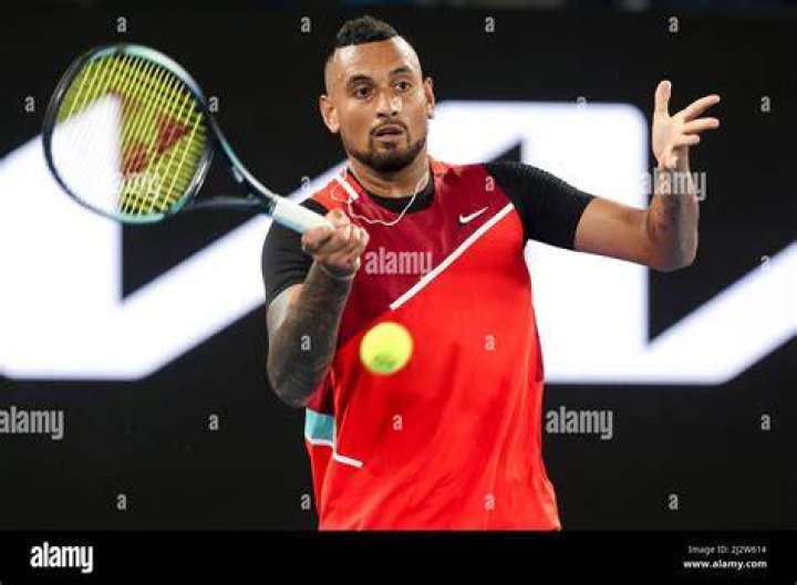 Nick Kyrgios playing a shot against Aleksandr Nedovyesov at Davis Cup World Group quarterfinal on July 17, 2015 in Darwin, Australia