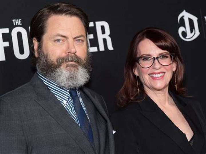 Nick Offerman and Megan Mullally at the Vanity Fair Oscar Party in February 2017