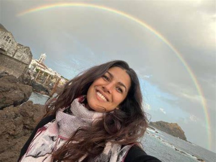 Nimrat Kaur as seen while smiling in a selfie in Prague, Czech Republic in April 2022