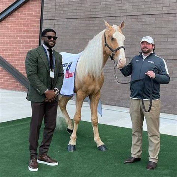 Reggie Bush as seen posing with the USFL's Birmingham Stallion's mascot in 2022