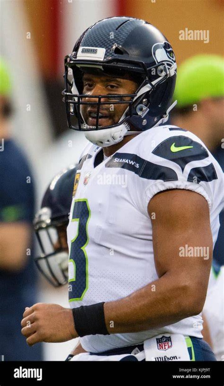 Russell Wilson warming up before a NFL game in October 2016