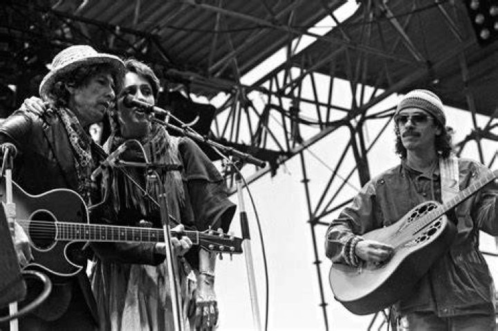 Santana performing with Joan Baez and Bob Dylan in 1984
