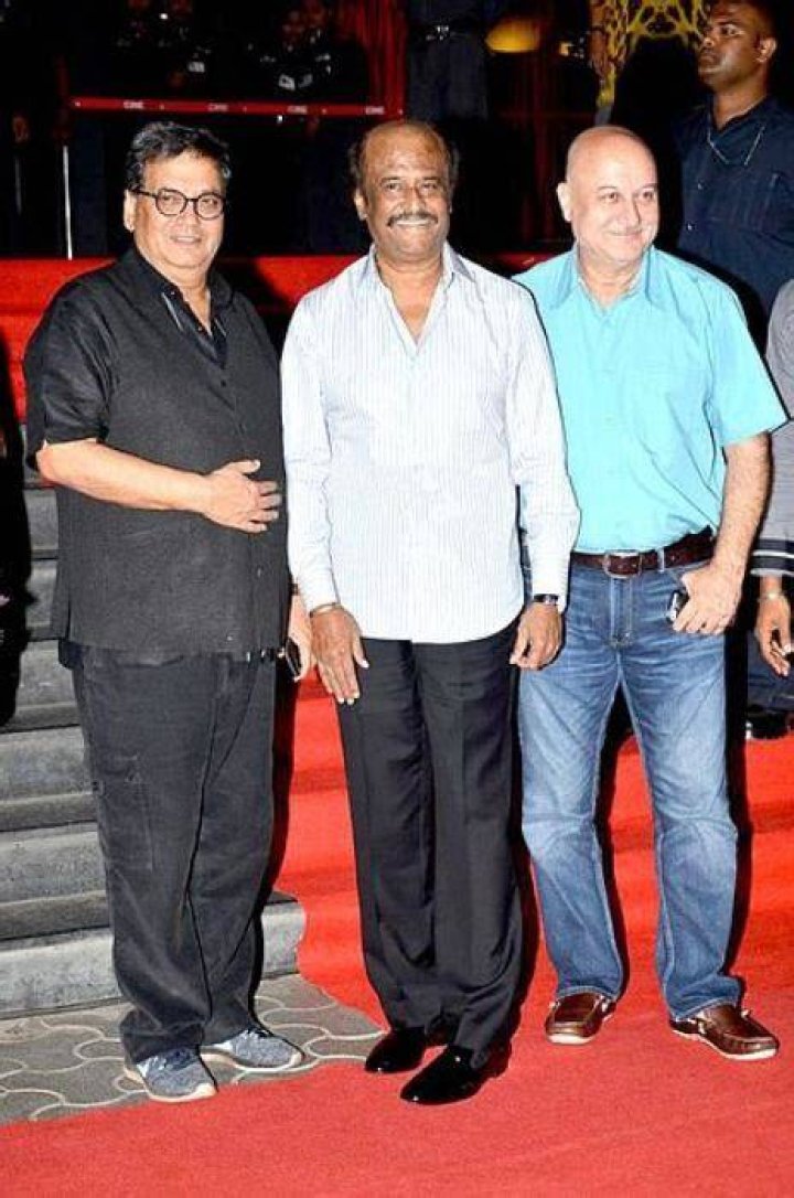 Subhash Ghai (left) as seen standing with Rajinikanth and Anupam Kher in 2016