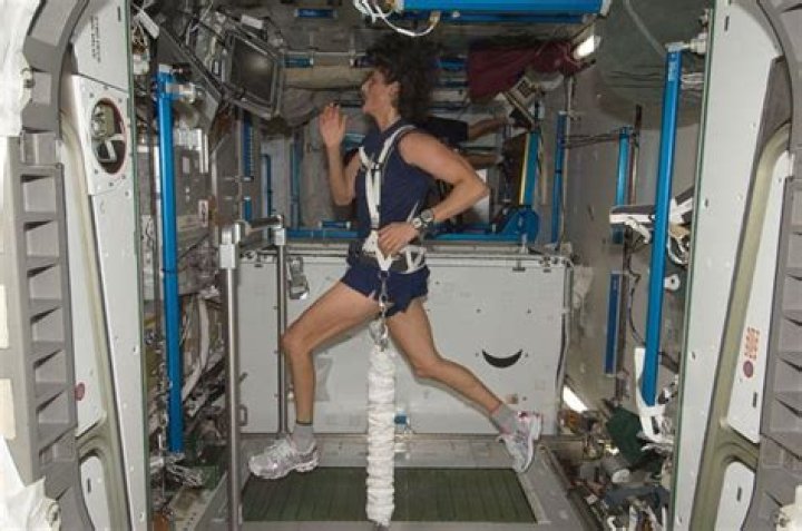 Sunita Williams as seen exercising on COLBERT during the ISS Expedition 32 in 2012